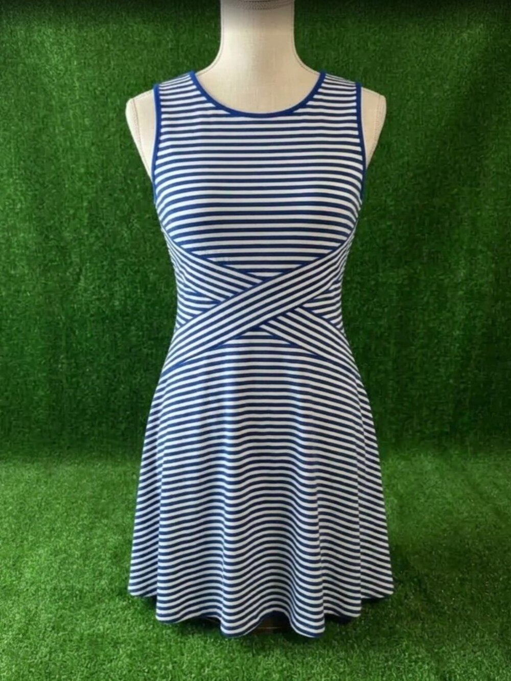 Trulli XL Blue White Striped Ribbed Crossover Skater A-Line Dress Sleeveless